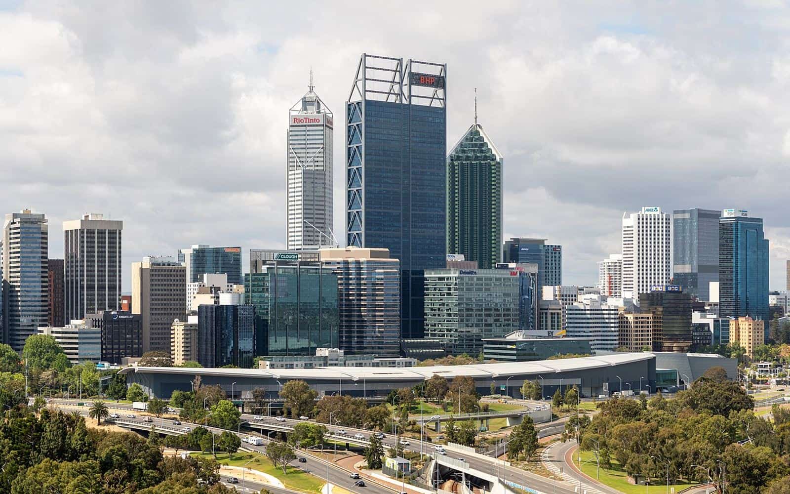 The Perth city skyline and Swan River seen from the lookout in Kings Park on a clear day